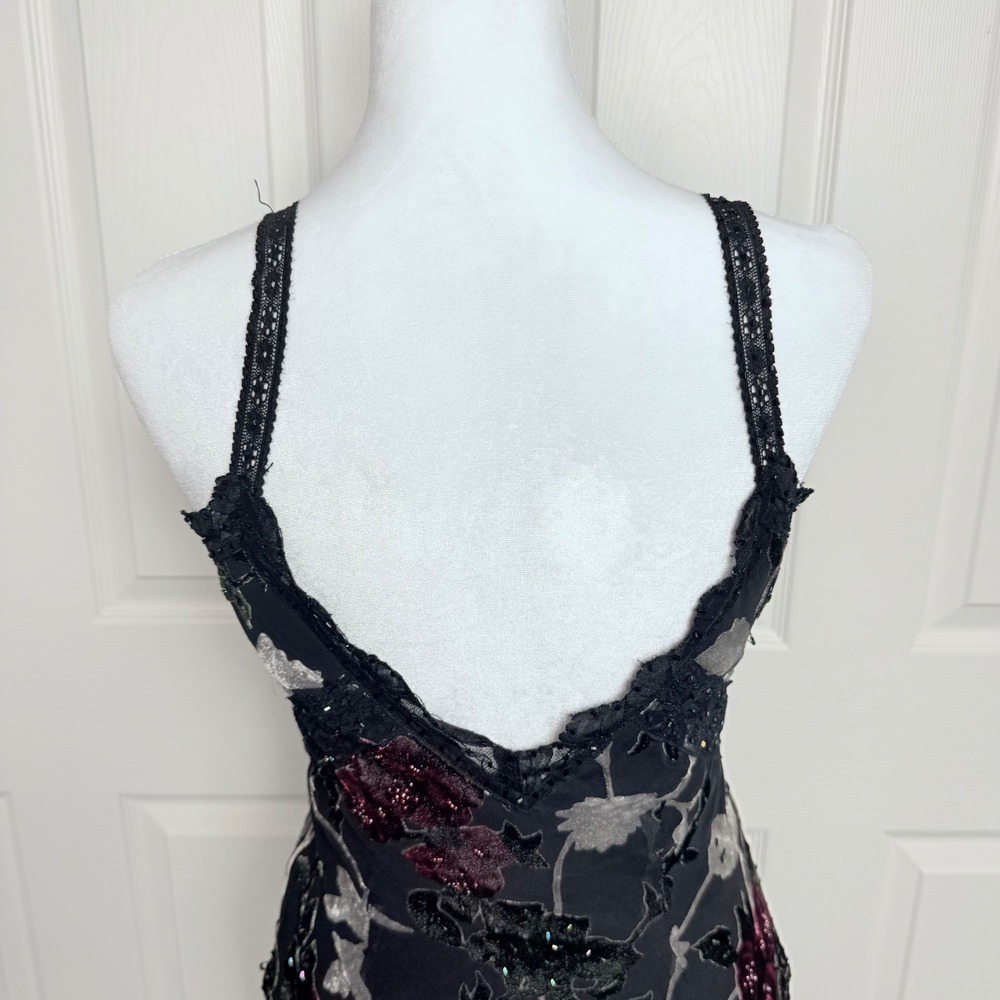 VTG Sue Wong Silk Burnout Velvet Floral Beaded Lace Maxi Dress Black Burgundy 6 - Picture 15 of 16